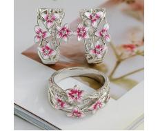 Комплект ювелирной бижутерии коллекция Дубай серьги и кольцо 20 р покрытие посеребрение вставка эмаль и цирконы цвет белый розовый и прозрачный