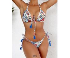 SHEIN Swim Ladies' Floral Printed Halter Neck Split Swimsuit Set With Micro Bikini Bottoms