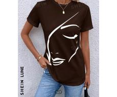 SHEIN LUNE Abstract Line Art Figure Print Short Sleeve T-Shirt, Casual Summer