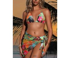 3pcs/Set Women Beach Outfit, Random Print Halter Bikini Top, Bottoms And Dress, Summer Holiday Casual
