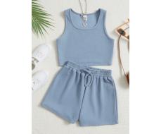 SHEIN Tween Girl Solid Tank Top & Knot Waist Shorts SKU: sk2301165453917817