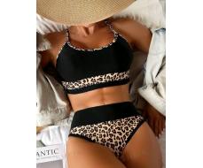 Women's Leopard Print Patchwork Swimsuit Set, High Waisted Bikini Swimwear Bathing Suit Beach Outfit Summer Vacation