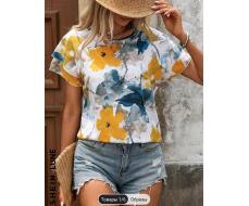 SHEIN LUNE Womens Simple Printed Lace Sleeve Holiday Shirt For Summer