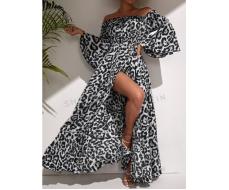 SHEIN VCAY Leopard Flounce Sleeve Split Thigh Bardot Dress SKU: sw2201059671961116