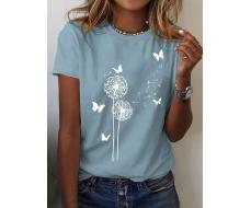 SHEIN LUNE Dandelion Butterfly Pattern Short Sleeve Round Neck T-Shirt Casual SKU: sz2401161171130901