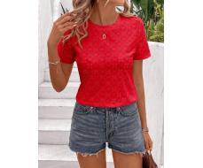 SHEIN LUNE Spring/Summer Casual Short Sleeve Hollow Out Embroidered T-Shirt SKU: sz2403145638117552