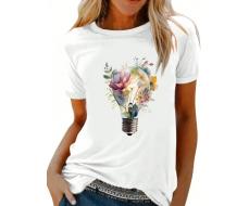 SHEIN LUNE Round Neck Lightbulb & Flower Printed Short Sleeve Summer Casual T-Shirt SKU: sz2405150502560013