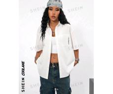 SHEIN Coolane Street Style Women Loose Fit Letter Printed Button Down Short Sleeve Shirt