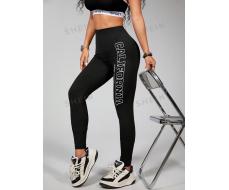 SHEIN Coolane Women Landmark Alphabet Black Cropped Casual Leggings SKU: sz2403040738395885