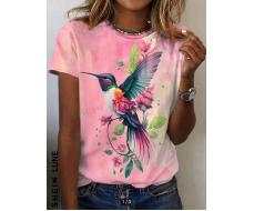 SHEIN LUNE Women's Summer Floral Bird Printed Short Sleeve T-Shirt