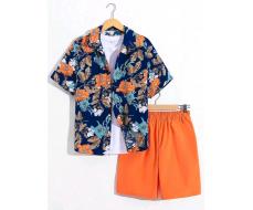 SHEIN Teen Boy's Casual Plant & Floral Printed Open Collar Loose Fit Short Sleeve Shirt And Solid Color Shorts Woven 2pcs/Set