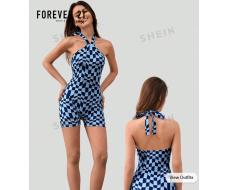 Forever 21 Abstract Checkered Print Halter Neck Romper SKU: sz2403067654746923