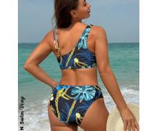 SHEIN Swim Vcay Women's Chain Print Asymmetrical Neckline Swimsuit Set SKU: sz2401092923149379