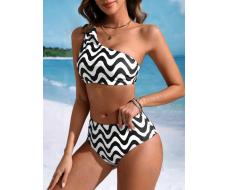 Women's One Shoulder Wave Striped Swimsuit Set, Bikini Swimwear Bathing Suit Beach Outfit Summer Vacation