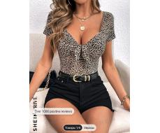 SHEIN Privé Leopard Print Knot Front Summer Tee