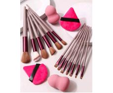 17pcs Purple-Gray Soft Hair Makeup Brush Set For Beginner, Including Powder Brush, Contour Brush, Detail Brush, Eyeshadow Brush And Beauty Sponge Set (Large Gourd Sea Sponge, Pink Triangle-Shape Sponge)