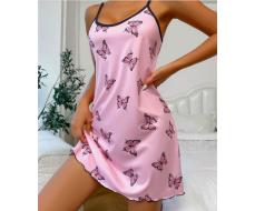 Butterfly Print Contrast Binding Lettuce Trim Cami Nightdress SKU: si2305090075294393