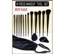 16pcs Makeup Tool Set Including 13 Makeup Brushes For Face, Eyes, Lips, 1 Waterdrop-Shaped Black Powder Puff And 1 Triangle-Shaped Black Powder Puff