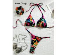Swim Vcay 2pcs/Set Tropical Printed Double-Sided With Scrunchie Fashionable Triangular Halter Bra And Swimwear Bikini Set, For Summer Beach Vacation