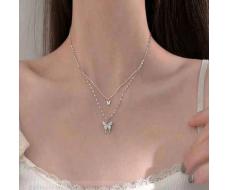 Двойное ожерелье 1pc Double-Layer Silver-Tone Butterfly Pendant Necklace With Rhinestone, Alloy Material, Gift For Girlfriend