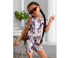 Летний повседневный комплект из футболки с круглым вырезом и коротким рукавом и шорт SHEIN Young для девочек в стиле тай-Дайс АРТИКУЛ: sk2204021144729321