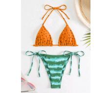 SHEIN Swim Women's Printed Halter Neck Tie Two-Piece Bikini Swimsuit