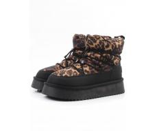 04-WF029-1M BLACK/BROWN LEOPARD Ботинки зимние женские (натуральная кожа, курточная ткань, 100% шерсть)