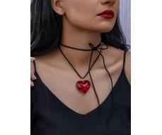 1pc Stunning Red Glass Heart Pendant Necklace On Black Leather Cord - The Perfect Gift For Her SKU: sj2404105694288936