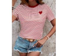 SHEIN Frenchy Summer Women's Striped Heart Embroidered T-Shirt