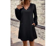 SHEIN LUNE Solid Scallop Trim Lantern Sleeve Dress