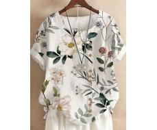 Women Round Neck Flower Print Casual Everyday Spring Summer Shirt (Random Cut Flower Pattern) SKU: sz2404012320200505