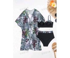 Купальник+кимоно SHEIN Swim Vcay Women's Plant Printed Two-Piece Bikini Swimwear, With Matching Kimono Cover Up