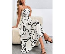 SHEIN Privé Women's Apricot Bottom Black Geometric Printed Long Cami Dress For Summer,Sexy Dress,Summer Long Dresses,Suitable For Daily, Commuting, Holiday, Party, Dating SKU: sz2404028833833730