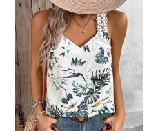 SHEIN LUNE Tropical Vacation Printed Lace Camisole Top With Wide Shoulder Straps For Summer Hawaiian
