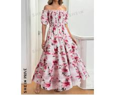 SHEIN Privé Women's Off Shoulder Frill Edge Short Sleeve Tie-Front Floral Print Casual Dress