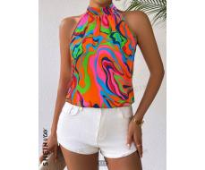 SHEIN VCAY Women's Fashionable Elegant Geometric Pattern Printed Open Shoulder Blouse