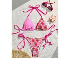 SHEIN Swim Women's Floral Print Halter Neck Tie Bikini Set