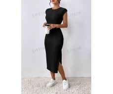 SHEIN Frenchy Summer Leisure Side Split Slim Bodycon Dress, Fit Knitted Ribbed Casual Summer Dress,Cap Sleeve Teacher Dress SKU: sz2308255581175578