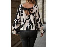 SHEIN Frenchy Long Sleeve Round Neck Floral Print Backless Bow Decor Casual Blouse SKU: sz2406181130502093