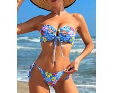 SHEIN Swim Vacation Style Random Print Bandeau Bikini Top And Side Tie Bottom Set, Two-Piece Swimsuit