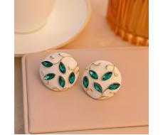 Серьги круглые ювелирная бижутерия Итальянское золото покрытие желтое 14к вставка эмаль и фианиты цвет белый и зеленый