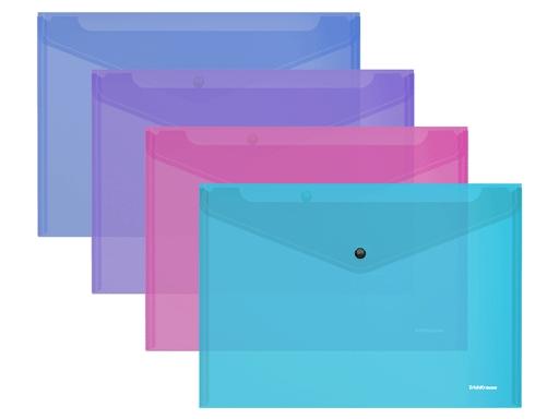 Папка-конверт на кнопке пластиковая ErichKrause Fizzy Vivid, полупрозрачная, A4, ассорти 47043