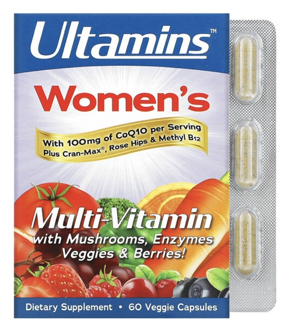 Ультаминс мультивитаминный комплекс для женщин с коэнзимом Q10, грибами, ферментами, овощами и ягодами, 60 растительных капсул