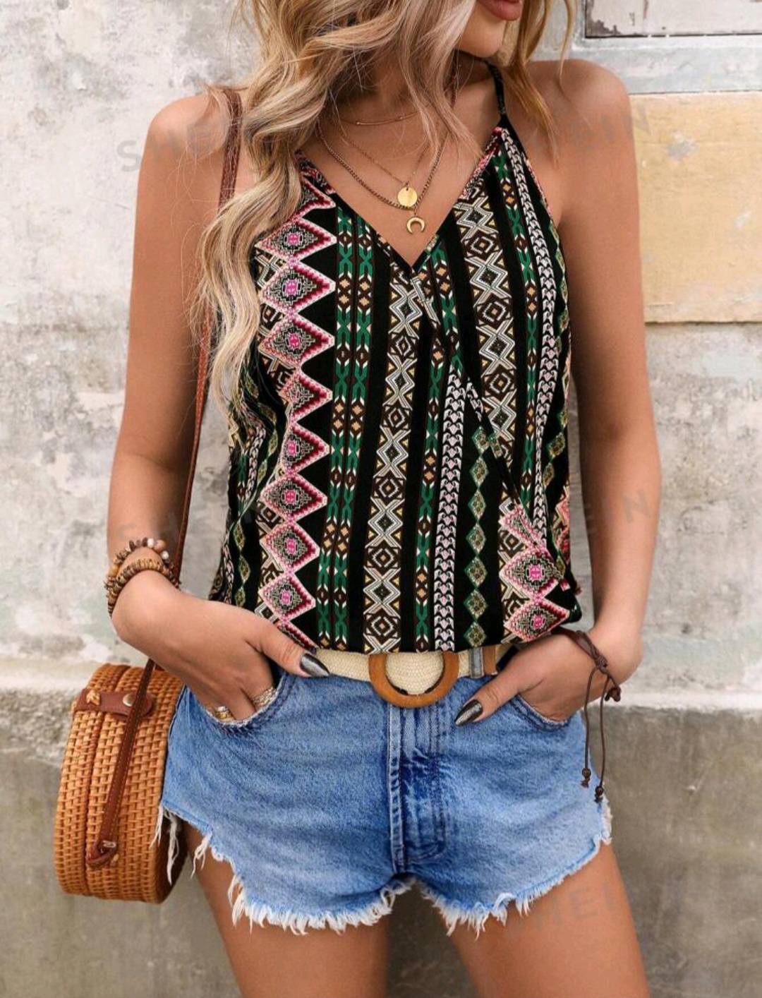 SHEIN VCAY Geometric Print Wrapped Cami Top