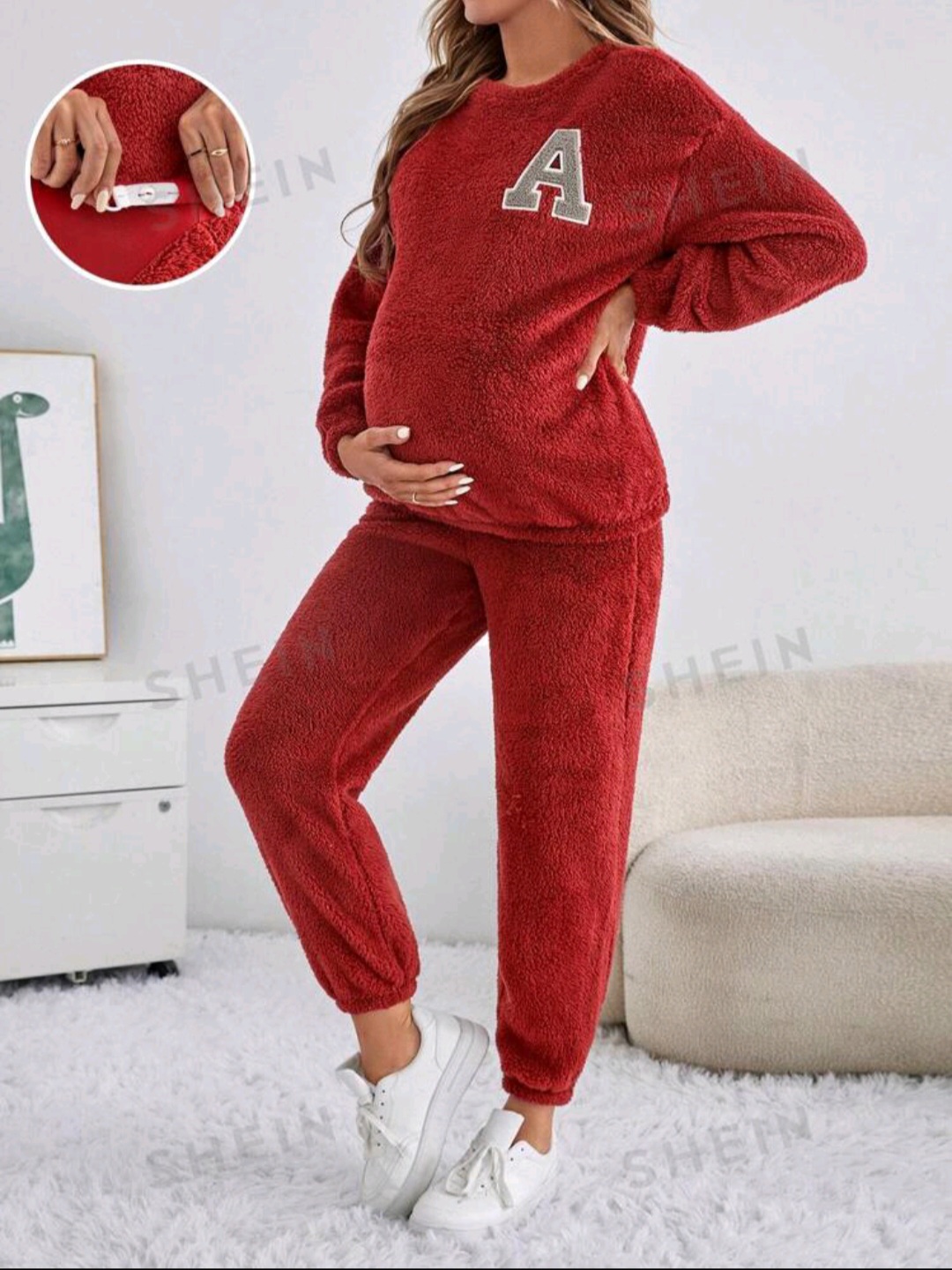 Комплект SHEIN Pregnant Women's Velvet Drop Shoulder Letter Print Top And Pants Two Piece Set