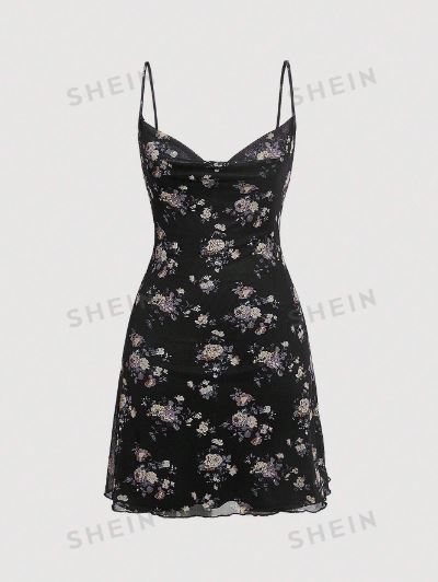 SHEIN MOD Floral Print Cami Black Swing Collar Mesh Print Dress SKU: sz2305188152707003