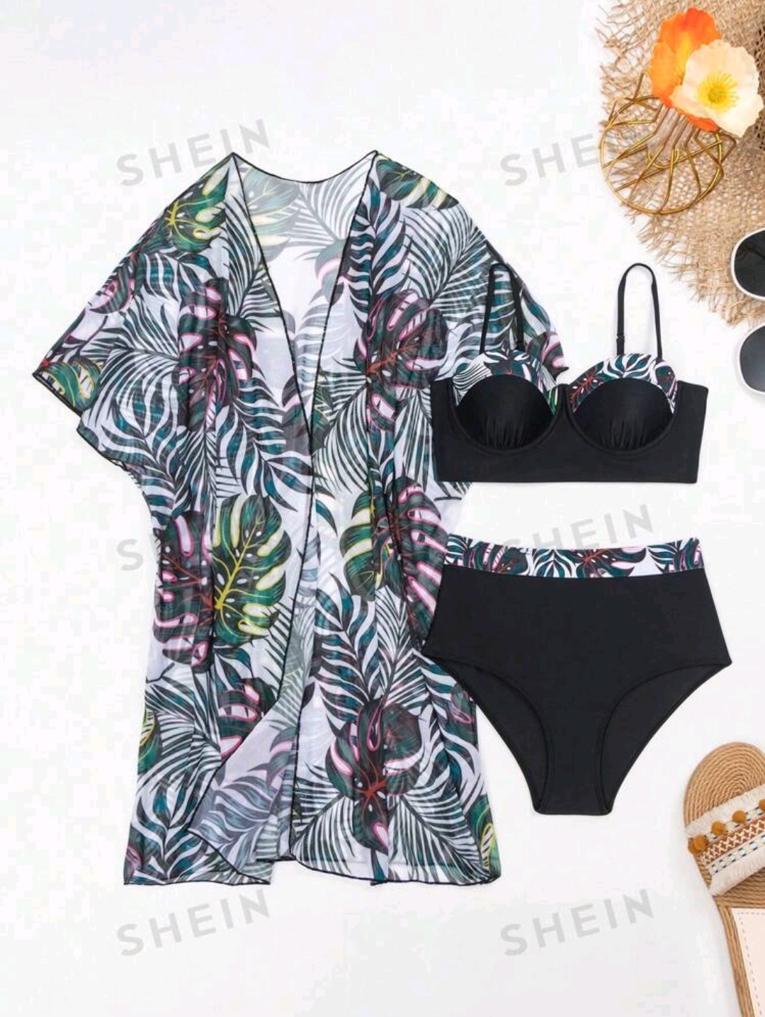 Купальник+кимоно SHEIN Swim Vcay Women's Plant Printed Two-Piece Bikini Swimwear, With Matching Kimono Cover Up