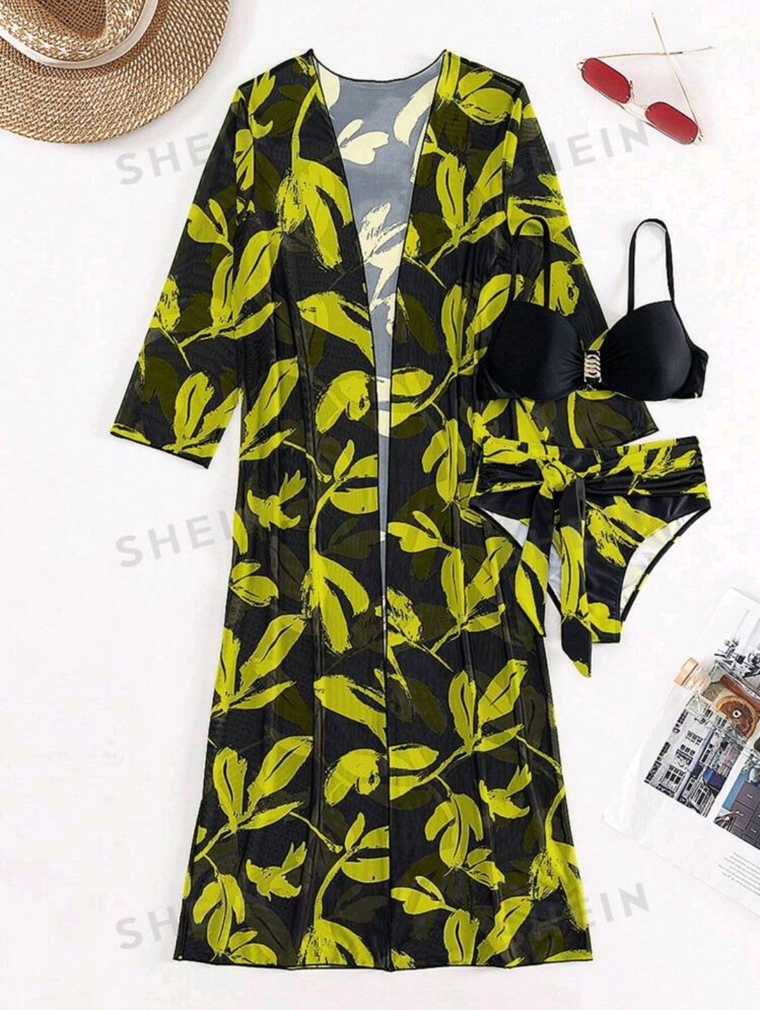 SHEIN Swim Vcay Allover Plants Print Push Up Bikini Swimsuit With Kimono