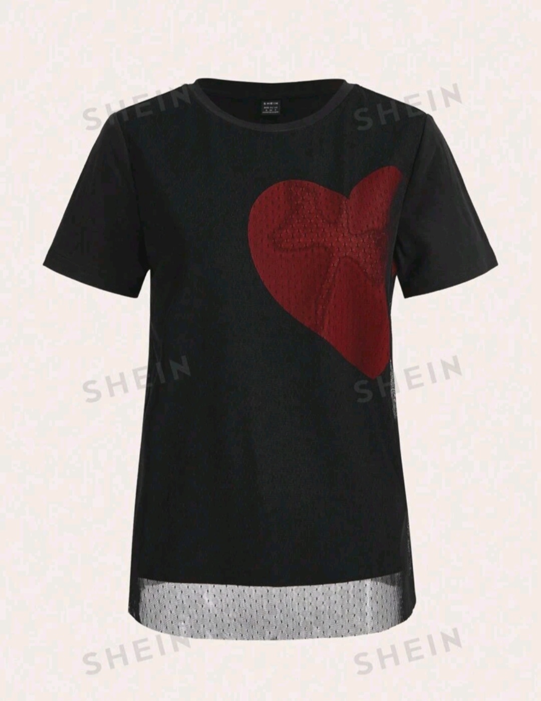 SHEINNeu Summer Ladies' Short Sleeve Black T-Shirt With Mesh Splicing Heart-Shaped Print Pattern