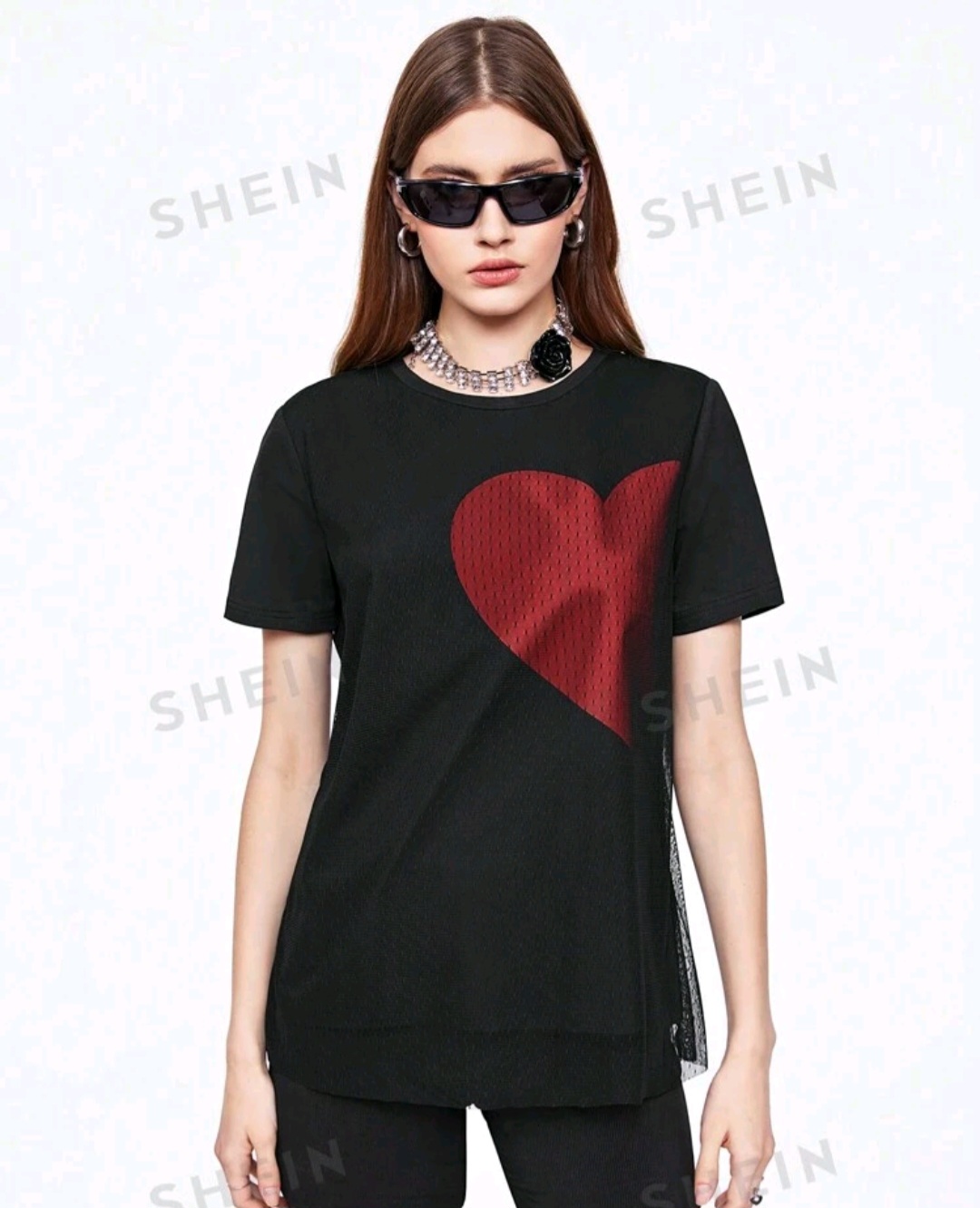 SHEINNeu Summer Ladies' Short Sleeve Black T-Shirt With Mesh Splicing Heart-Shaped Print Pattern